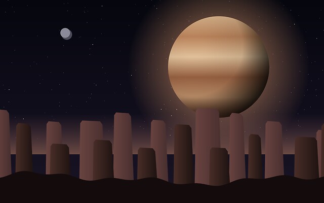 a ringed planet over rock towers